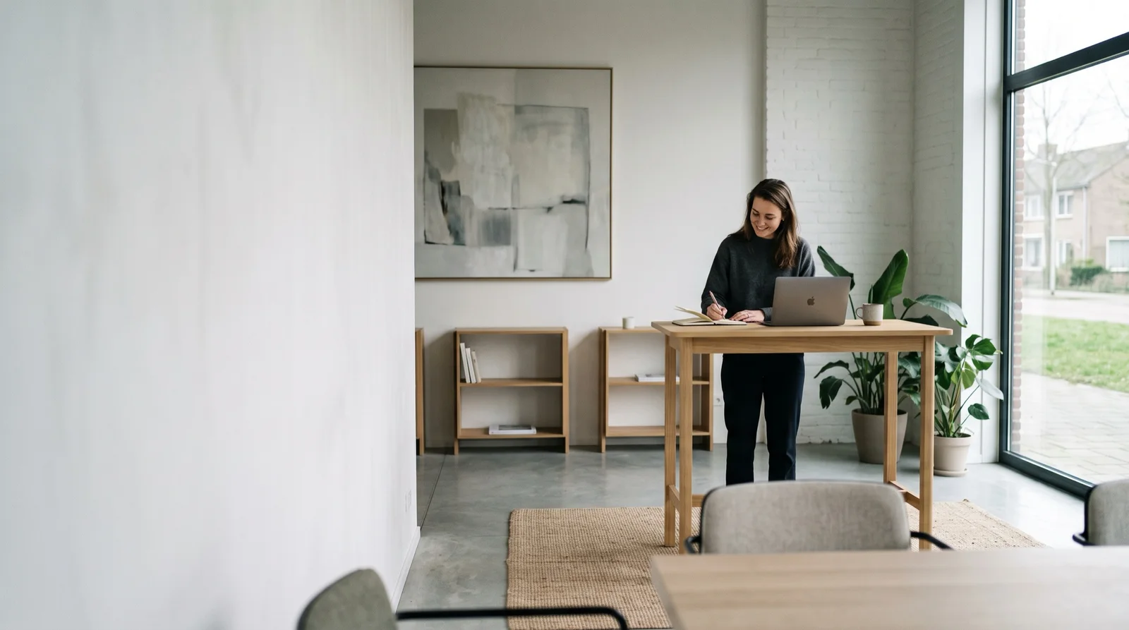 ZZP'er werkt aan haar administratie aan een staand bureau in een lichte werkruimte