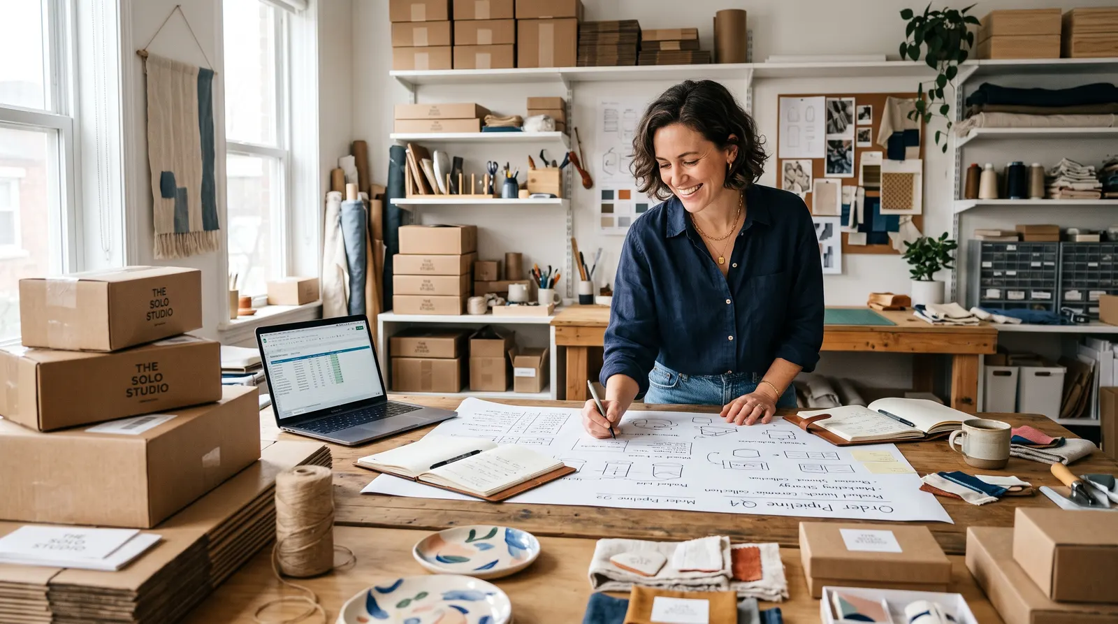 Eenmanszaak-ondernemer in haar atelier met een laptop met haar boekhouding en pakketten klaar voor verzending